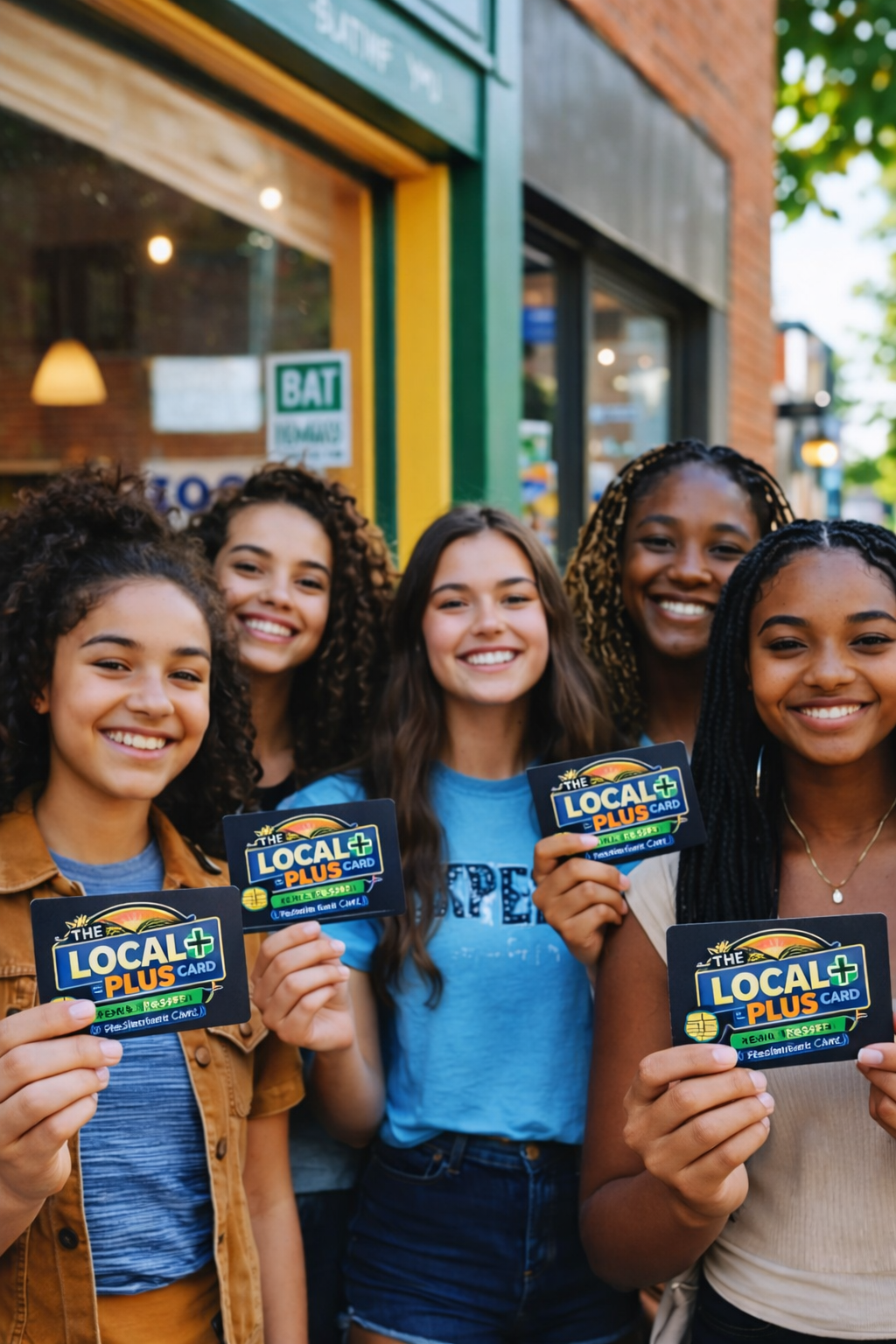 Diverse group of people holding fundraising cards in front of local stores