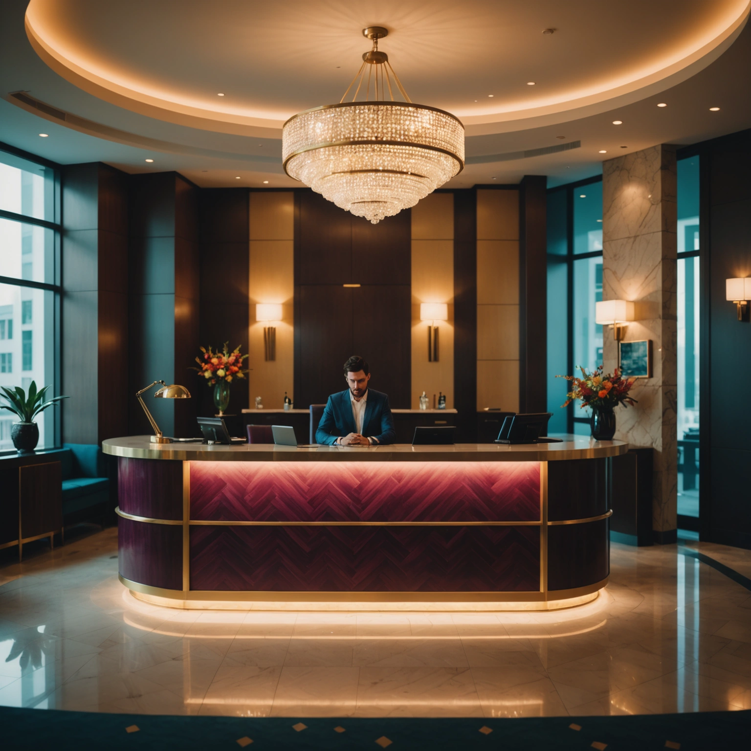 Front desk of a vibrant, upscale hotel