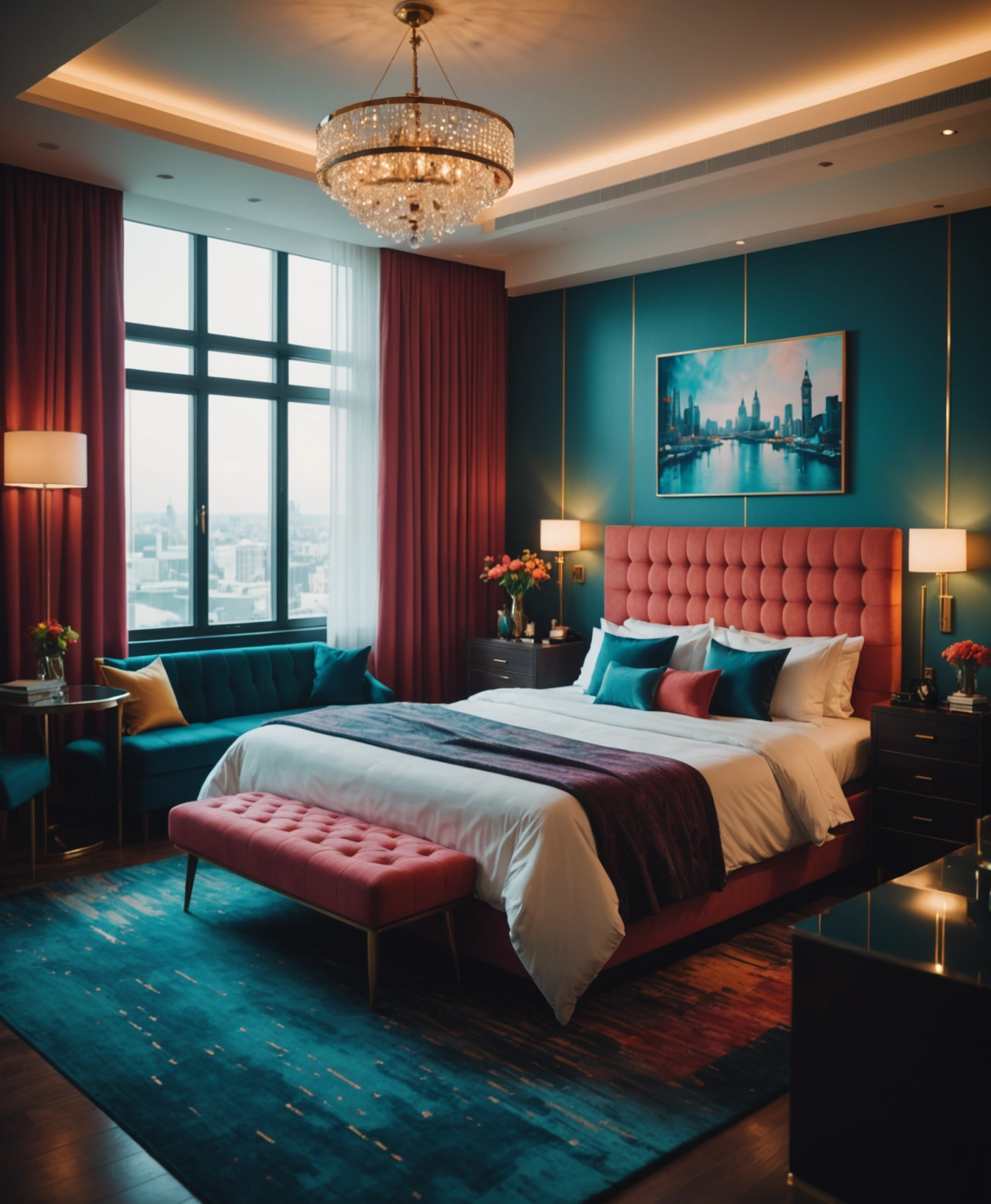 Elegant room in a hotel with vibrant decor