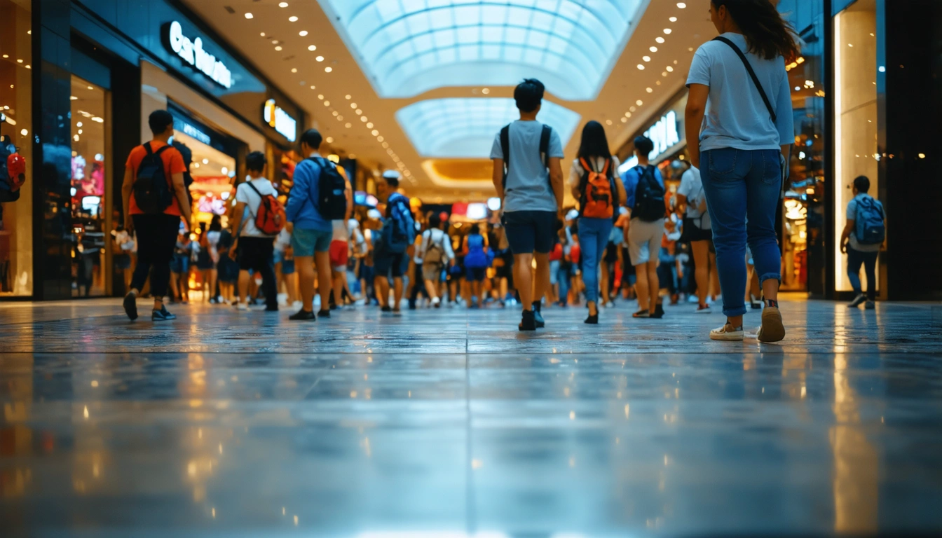 Shoppers walking around a vibrant, bustling indoor mall
